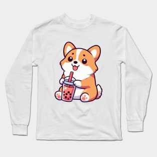 cute corgi loves boba milk tea Long Sleeve T-Shirt